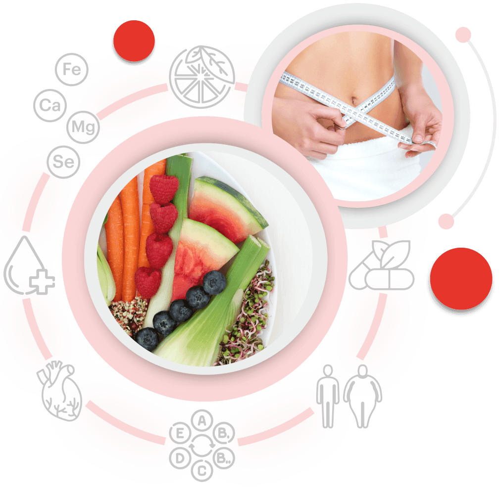 Healthy fruits and vegetables with woman measuring waist in background, showcasing weight loss and nutrition benefits.