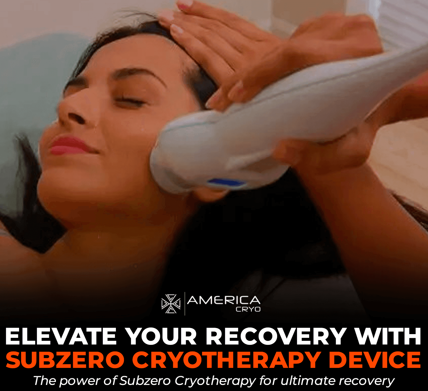 Woman receiving facial treatment with a Subzero Cryotherapy device, text promoting ultimate recovery experience.