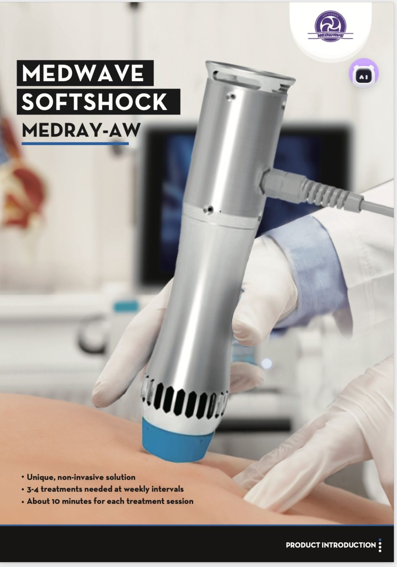 Medical professional using Medwave Softshock device on a patient's skin for non-invasive treatment.