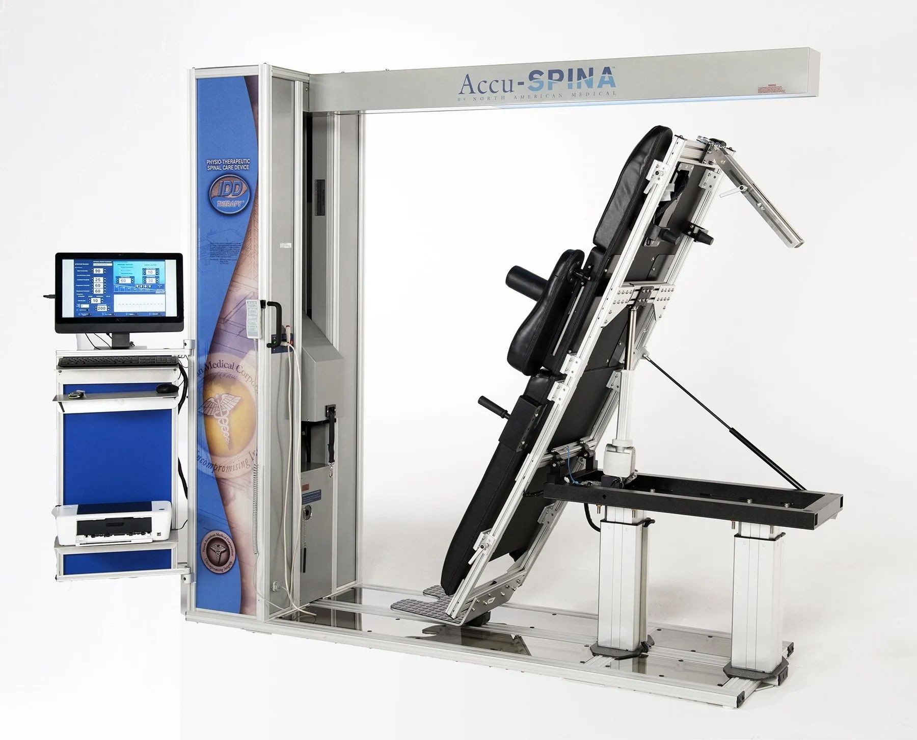 Accu-SPINA spinal decompression therapy machine with a computer interface on the side.