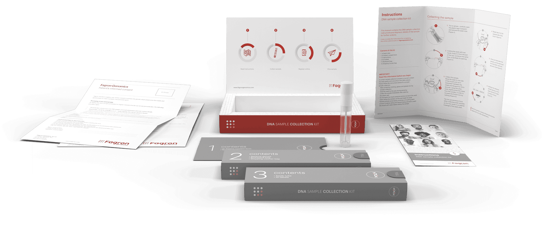 DNA sample collection kit with instructions and test tube displayed on a table.